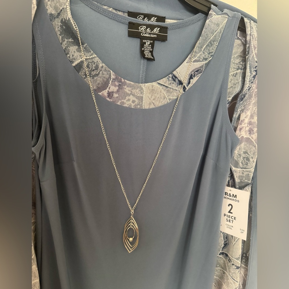 R&M Richards Women's 2-Piece Tank Dress W/Necklace & 3/4 Sleeve Sheer Jacket - Picture 4 of 9